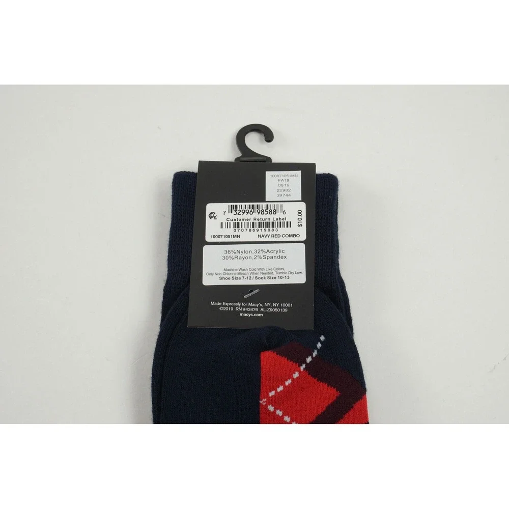 1 Pair of New‎ Alfani Men's 7-12 Blue Red Argyle Seamless Antimicrobial Socks